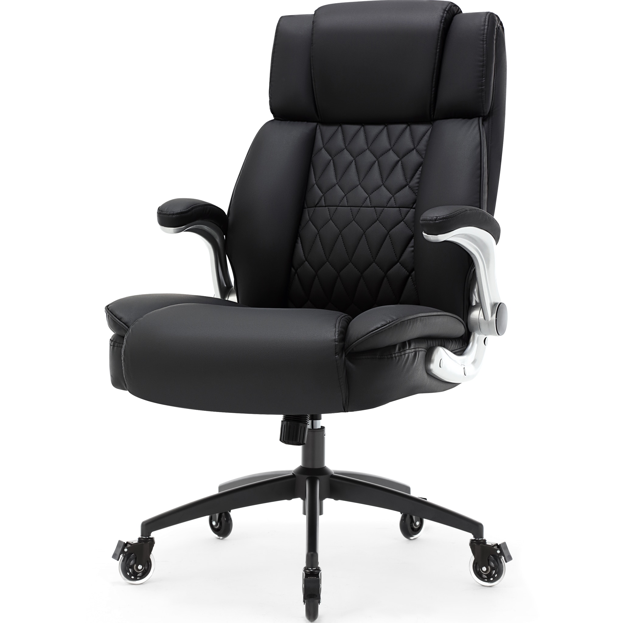 High Back Office Chair With Locking Wheels, Large Executive Desk Chair, Flip Arms Adjustable Lumbar Support, Ergonomic Synthetic Leather Computer Chair Prevents Cats Scratching, Thick Padded, Black_voghion.com